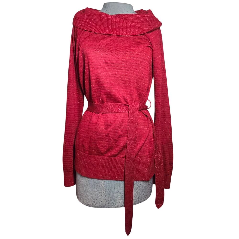 Red Metallic Knit Belted Sweater Size XL